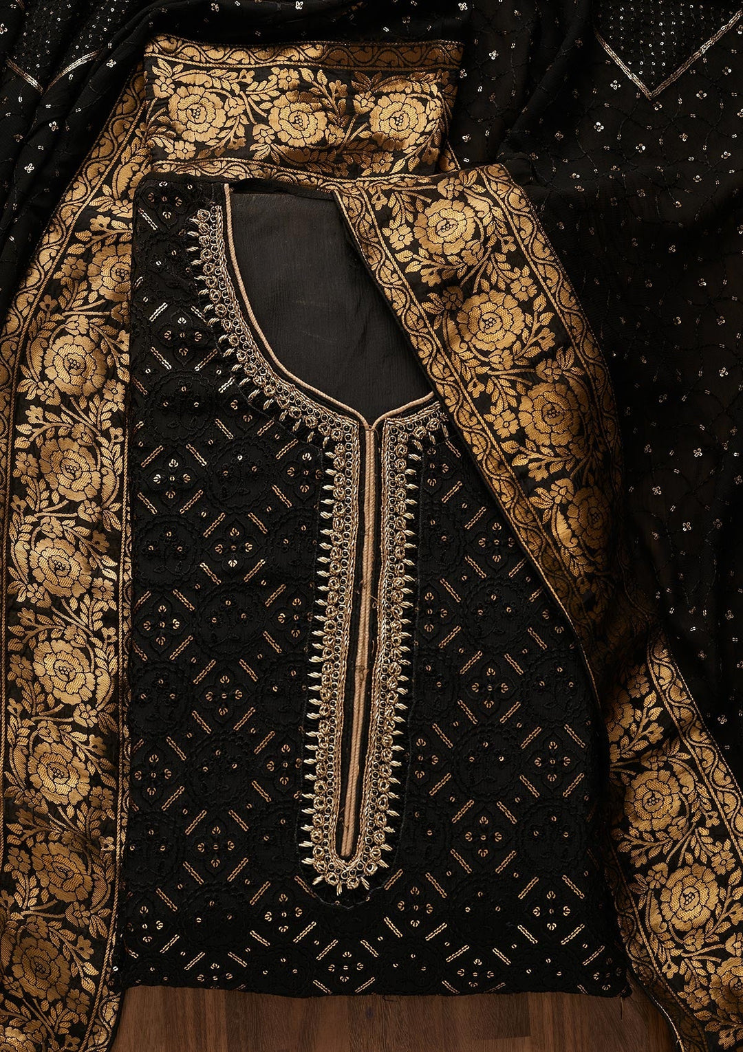 Black Sequins Georgette Designer Unstitched Salwar Suit - Koskii