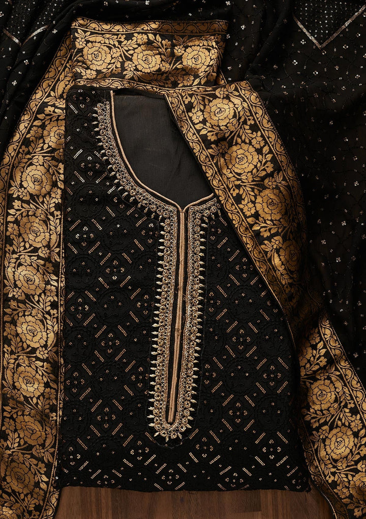Black Sequins Georgette Designer Unstitched Salwar Suit - Koskii