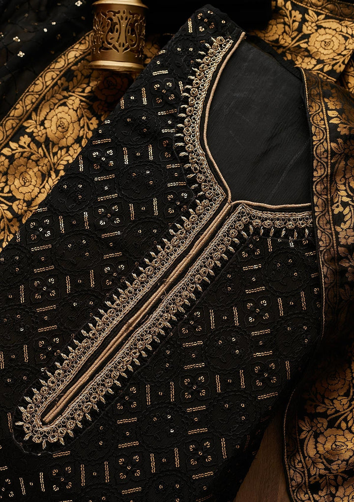 Black Sequins Georgette Designer Unstitched Salwar Suit - Koskii