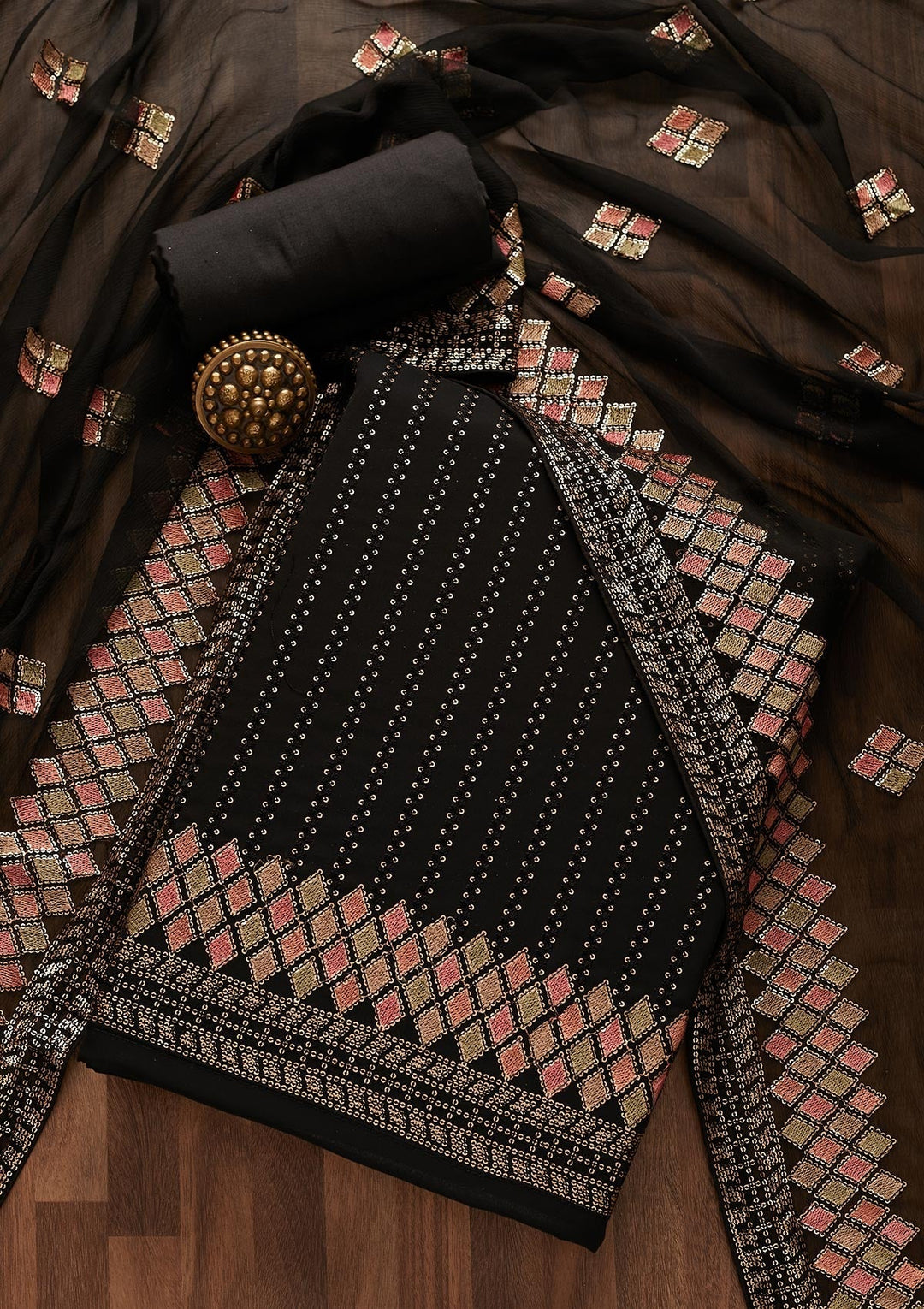 Black Sequins Georgette Designer Unstitched Salwar Suit - Koskii