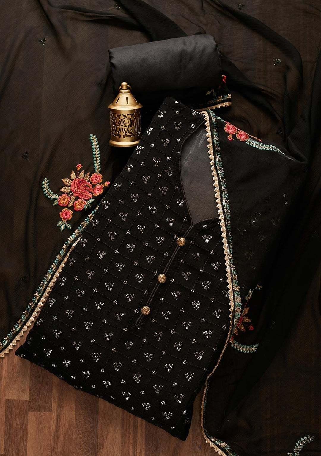 Black Sequins Georgette Designer Unstitched Salwar Suit - Koskii