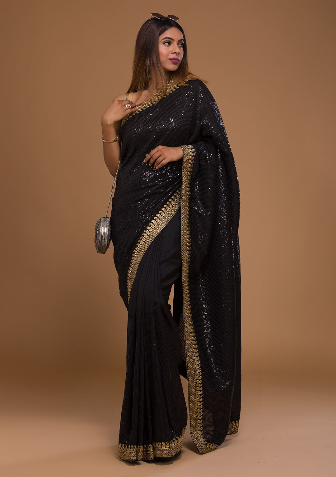 Black Sequins Georgette Saree-Koskii
