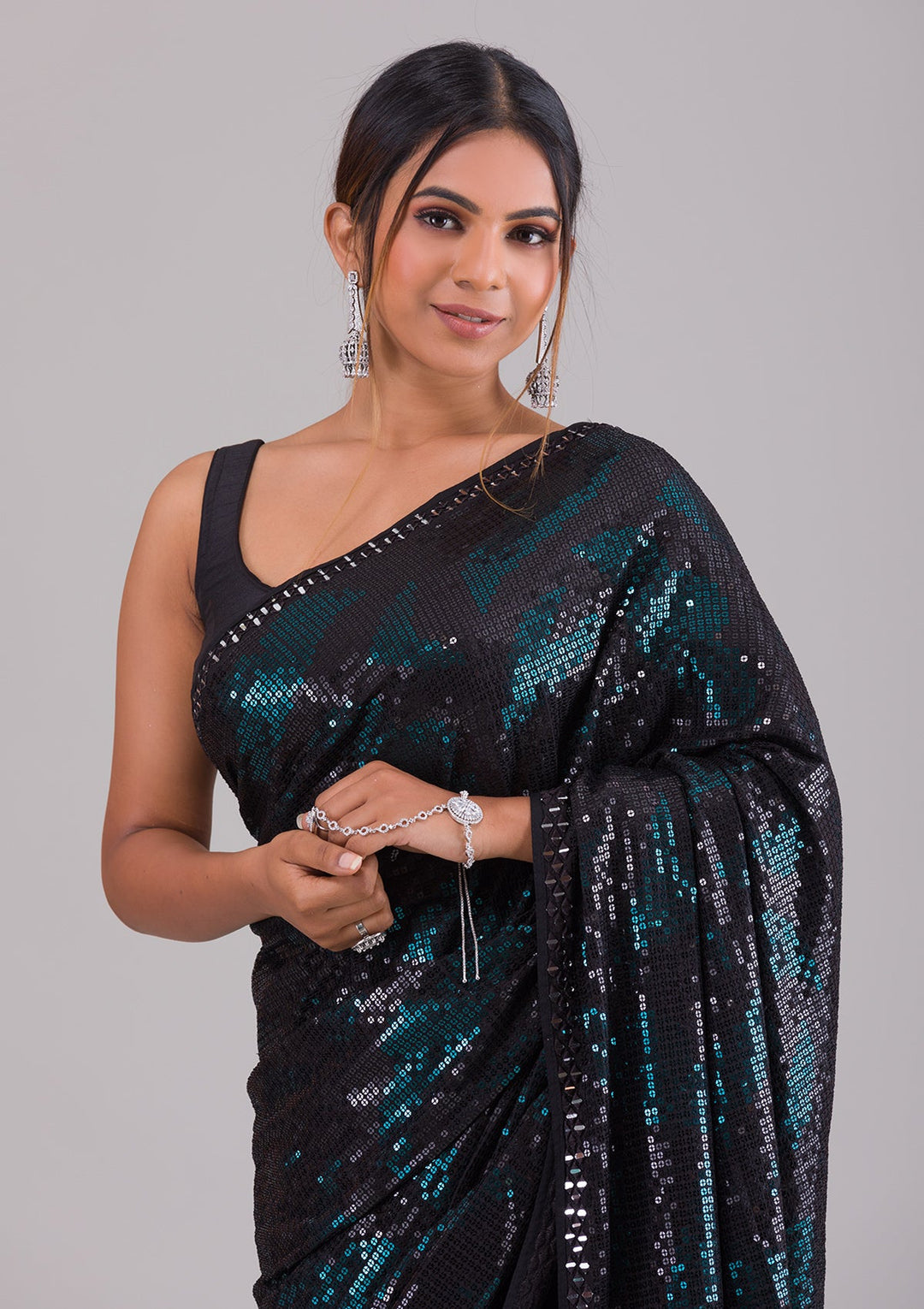 Black Sequins Georgette Saree-Koskii