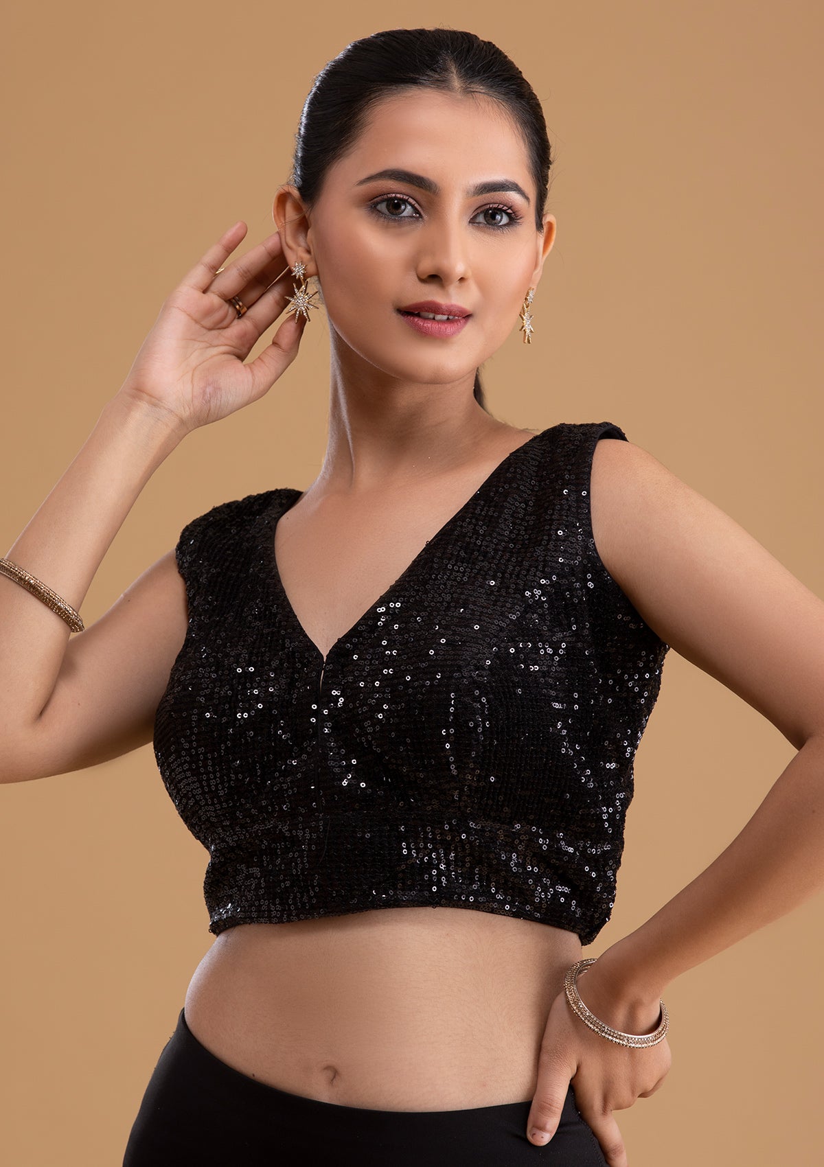 Black Sequins Net Blouse-Koskii