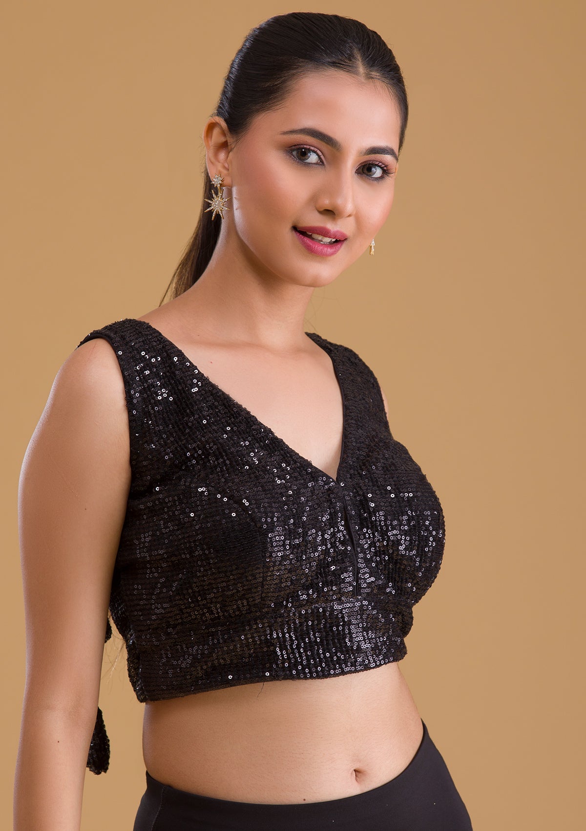 Black Sequins Net Blouse-Koskii