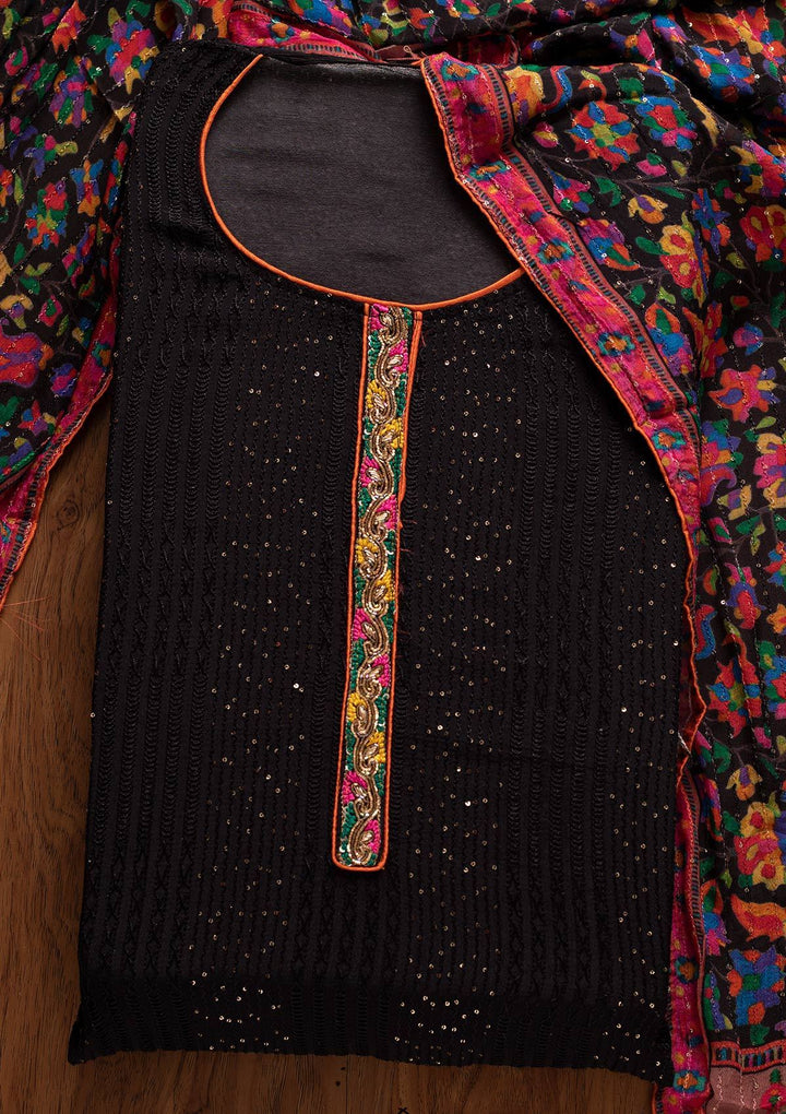 Black Sequins Semi Crepe Designer Semi-Stitched Salwar Suit - koskii