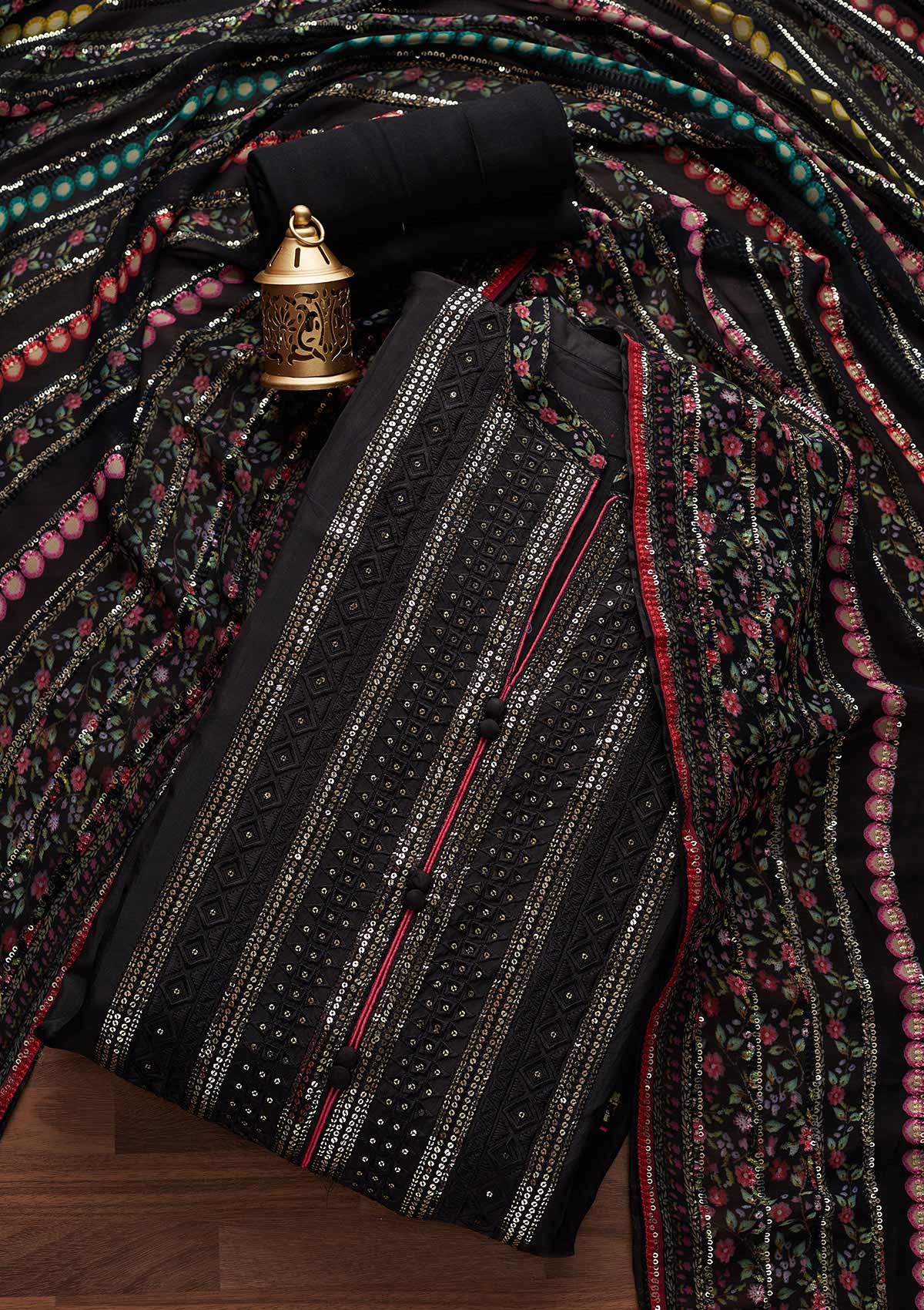 Black Sequins Semi Crepe Designer Semi-Stitched Salwar Suit - Koskii
