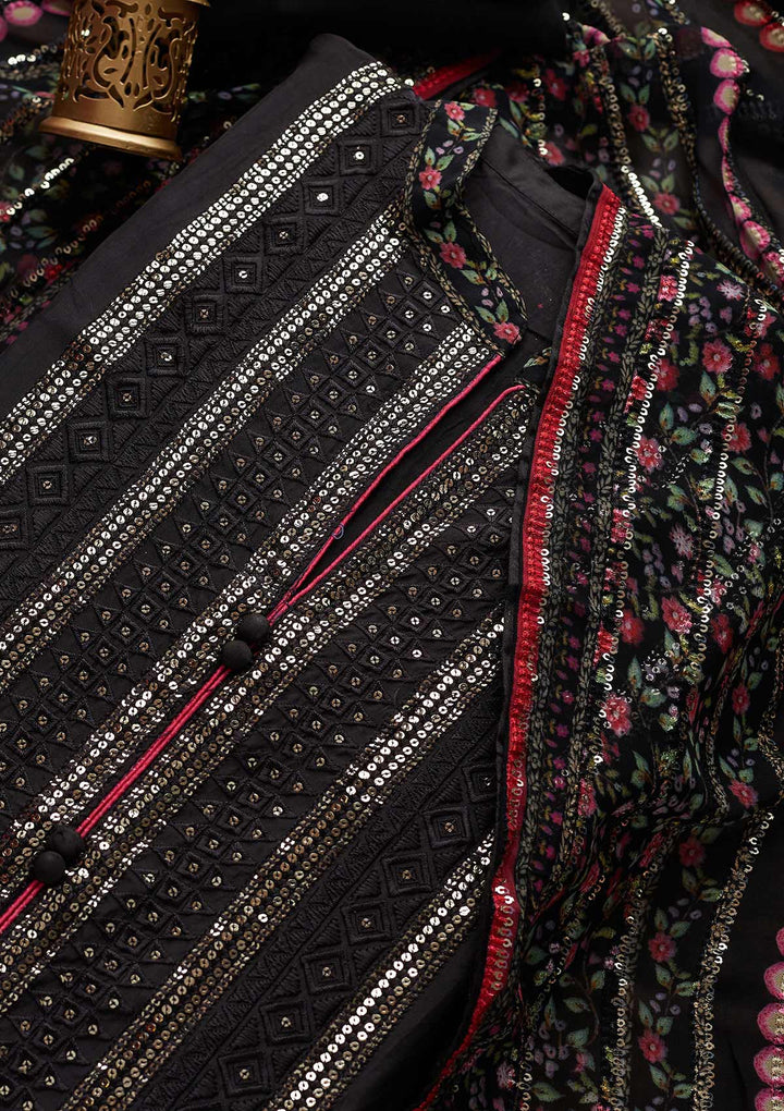 Black Sequins Semi Crepe Designer Semi-Stitched Salwar Suit - Koskii
