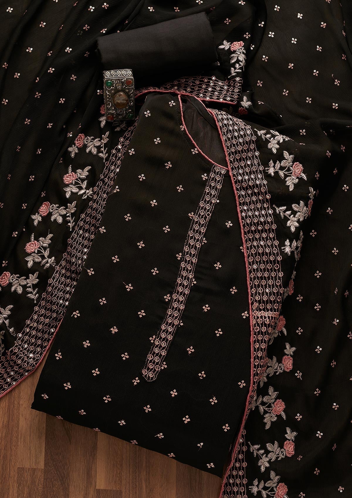 Black Sequins Semi Crepe Semi-Stitched Salwar Suit-Koskii