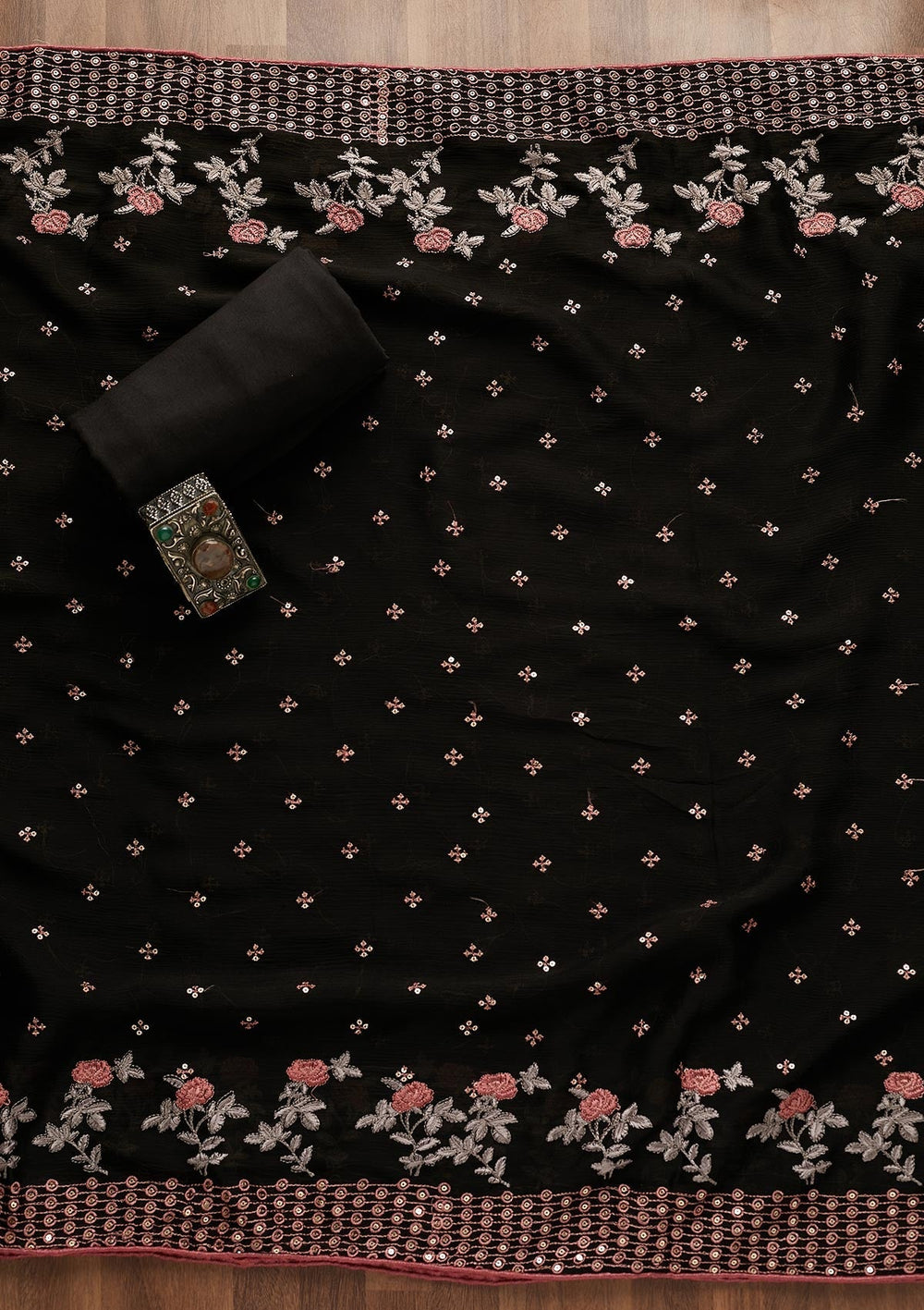 Black Sequins Semi Crepe Semi-Stitched Salwar Suit-Koskii