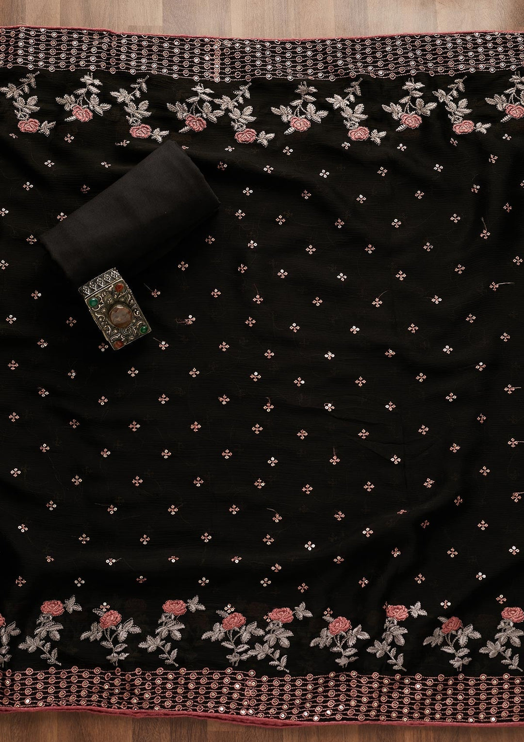 Black Sequins Semi Crepe Semi-Stitched Salwar Suit-Koskii