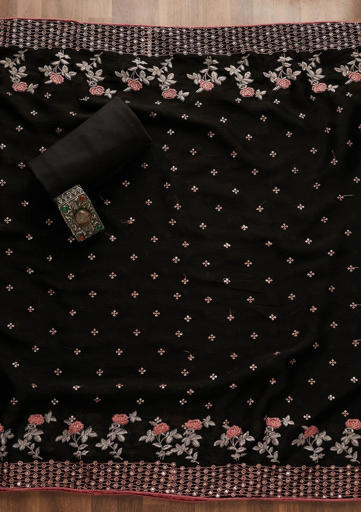 Black Sequins Semi Crepe Semi-Stitched Salwar Suit-Koskii