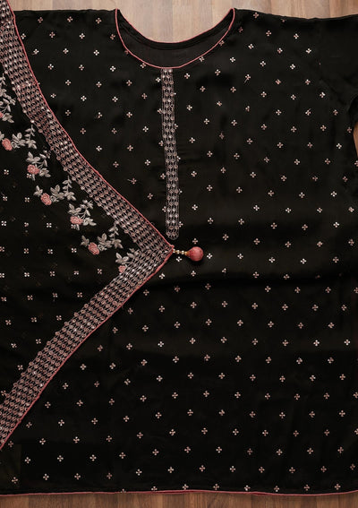 Black Sequins Semi Crepe Semi-Stitched Salwar Suit-Koskii