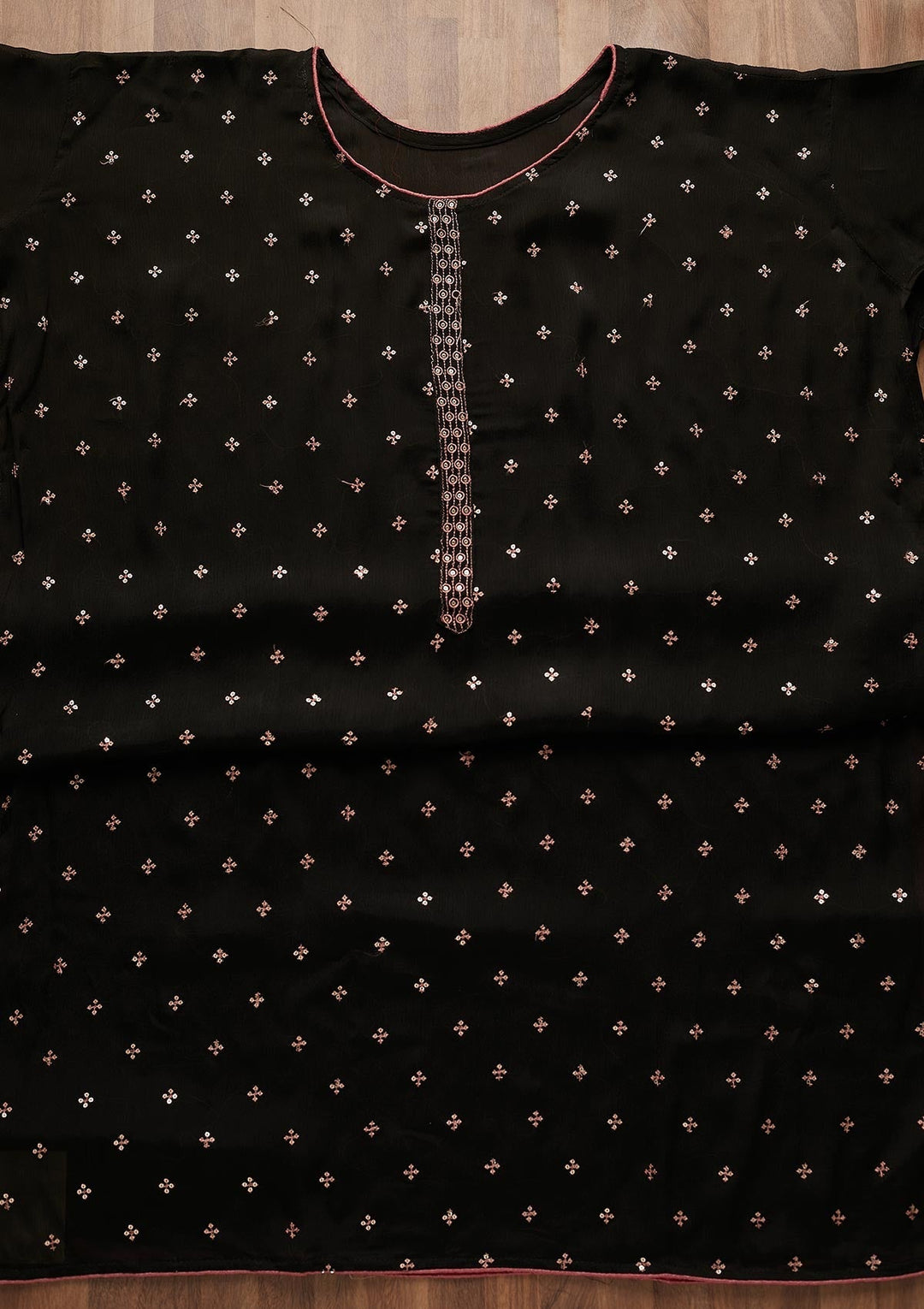 Black Sequins Semi Crepe Semi-Stitched Salwar Suit-Koskii