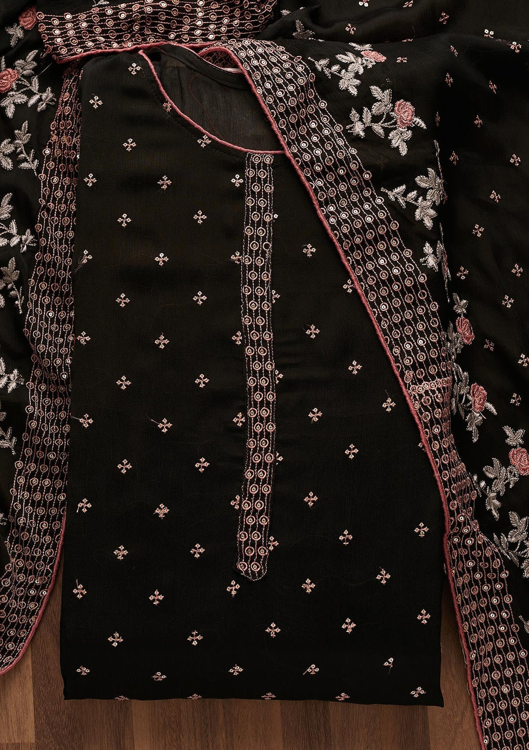 Black Sequins Semi Crepe Semi-Stitched Salwar Suit-Koskii