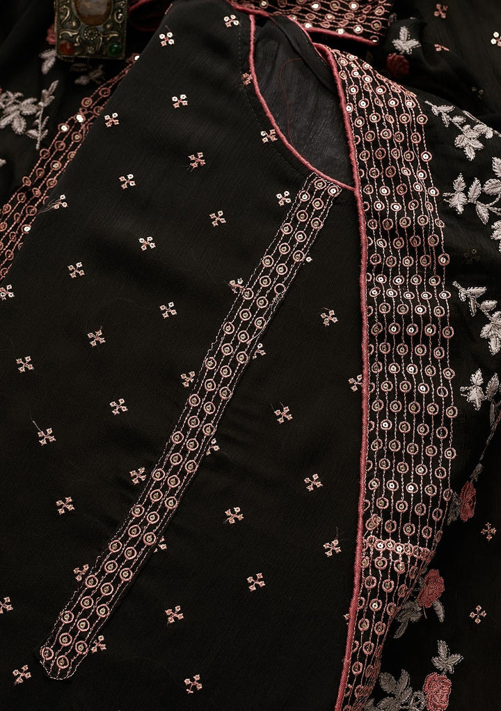 Black Sequins Semi Crepe Semi-Stitched Salwar Suit-Koskii