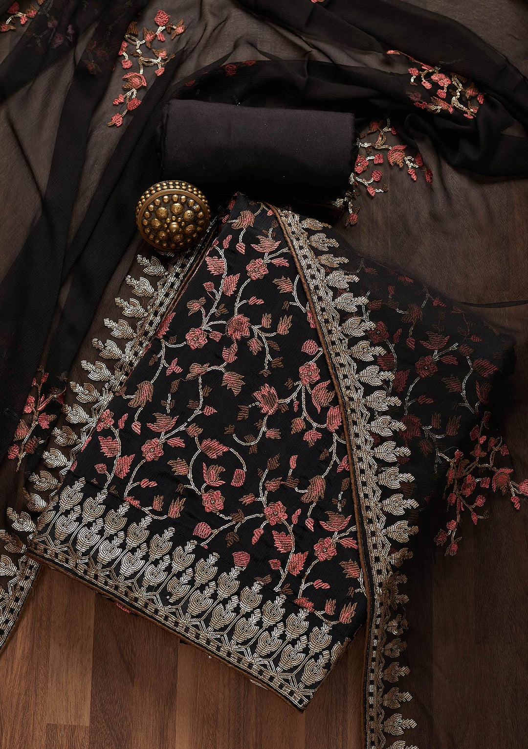 Black Sequins Semi Crepe Unstitched Salwar Suit-Koskii