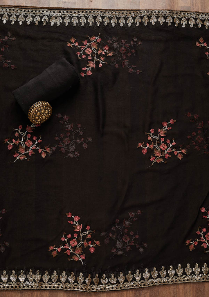 Black Sequins Semi Crepe Unstitched Salwar Suit-Koskii