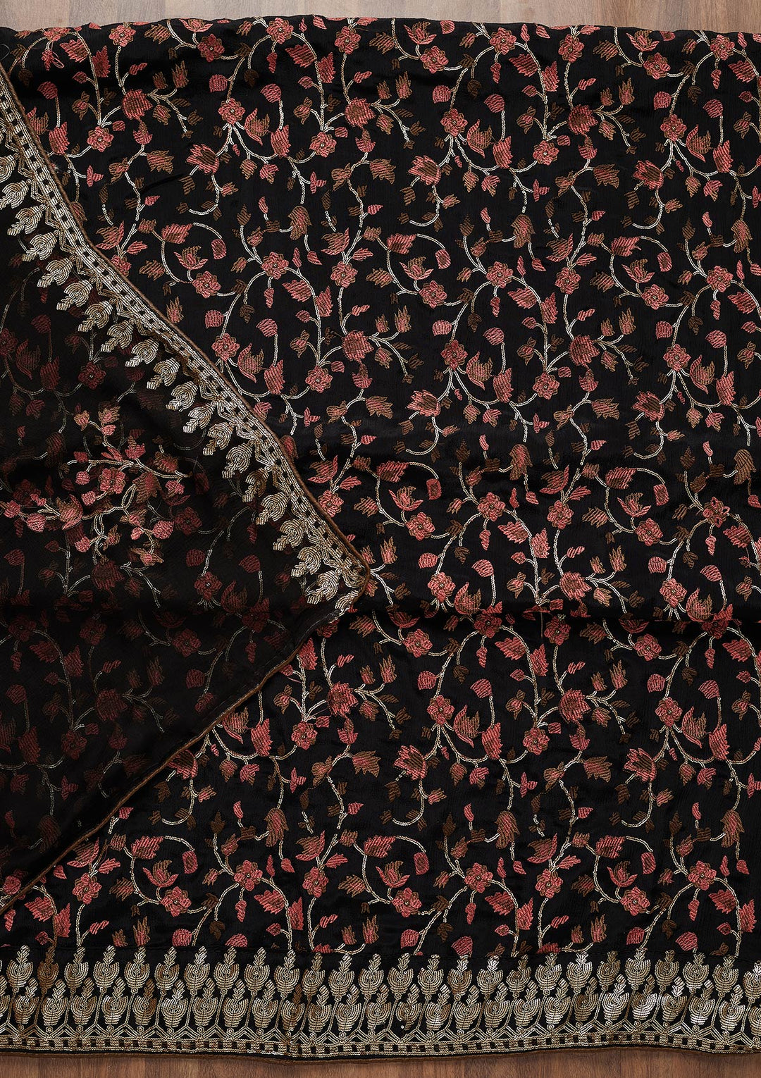 Black Sequins Semi Crepe Unstitched Salwar Suit-Koskii