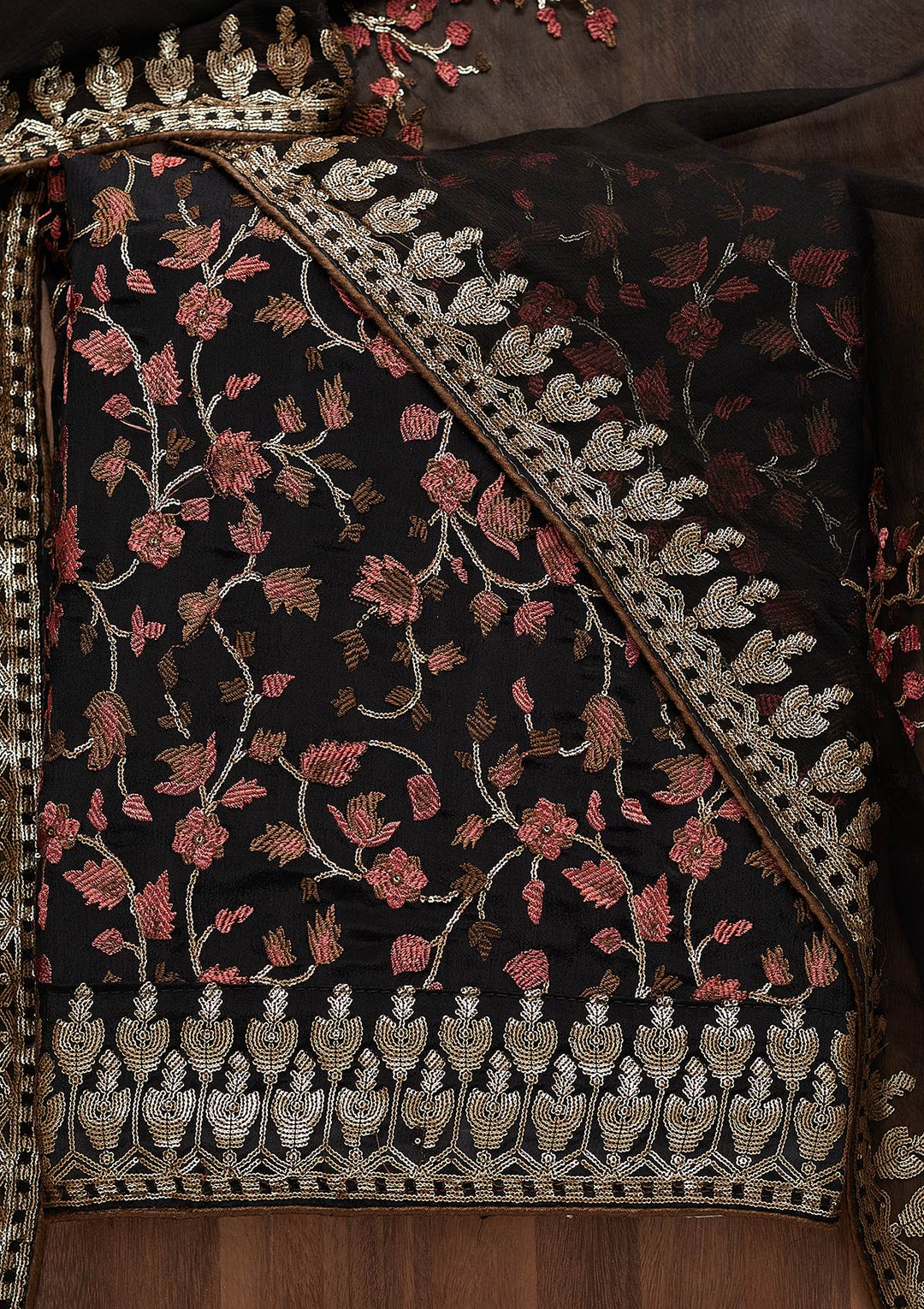 Black Sequins Semi Crepe Unstitched Salwar Suit-Koskii