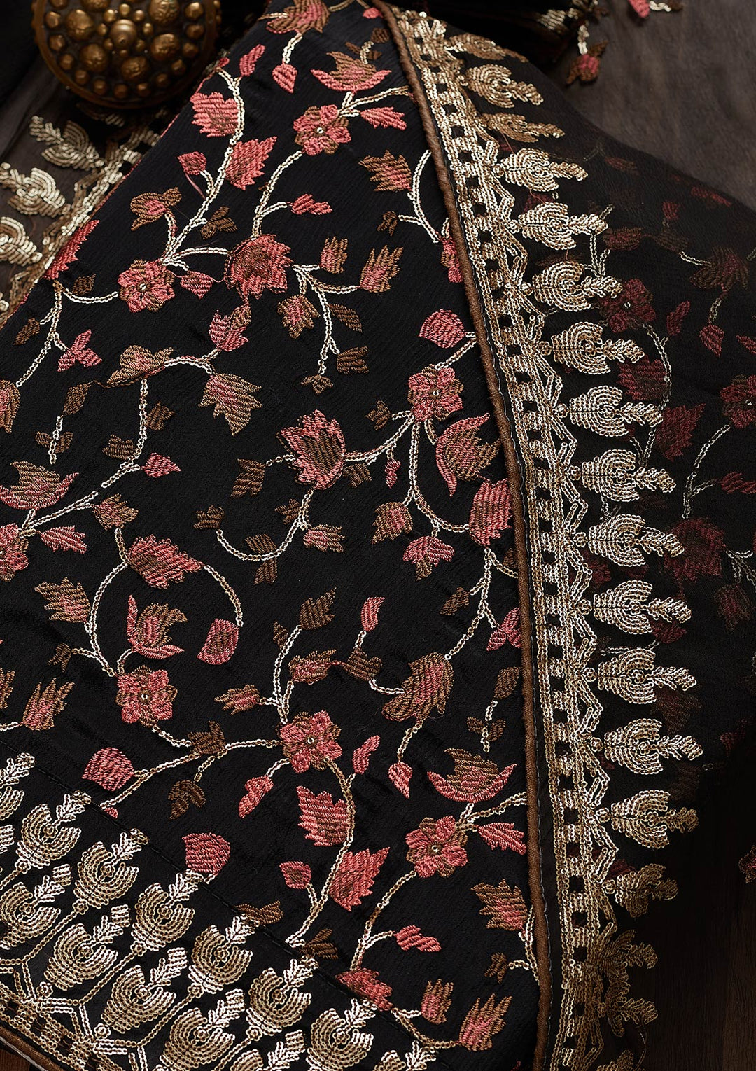 Black Sequins Semi Crepe Unstitched Salwar Suit-Koskii