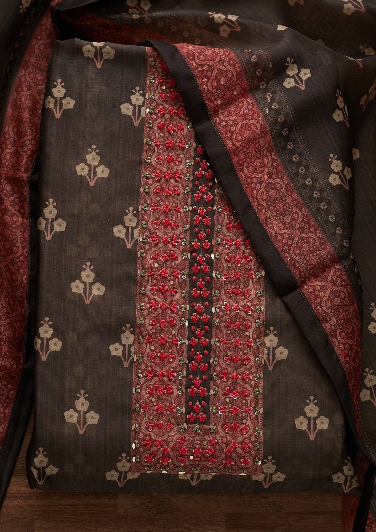 Black Sequins Semi Crepe Designer Unstitched Salwar Suit - Koskii