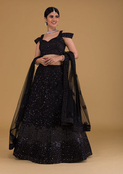 Black Silver Stonework Net Designer Lehenga-Koskii