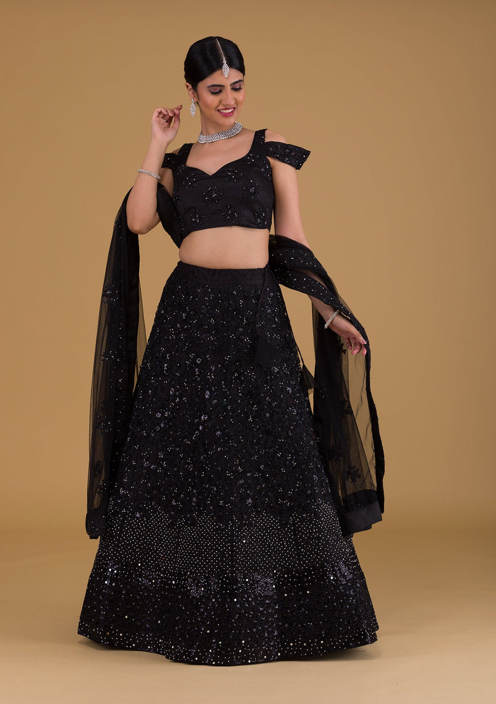 Black Silver Stonework Net Designer Lehenga-Koskii
