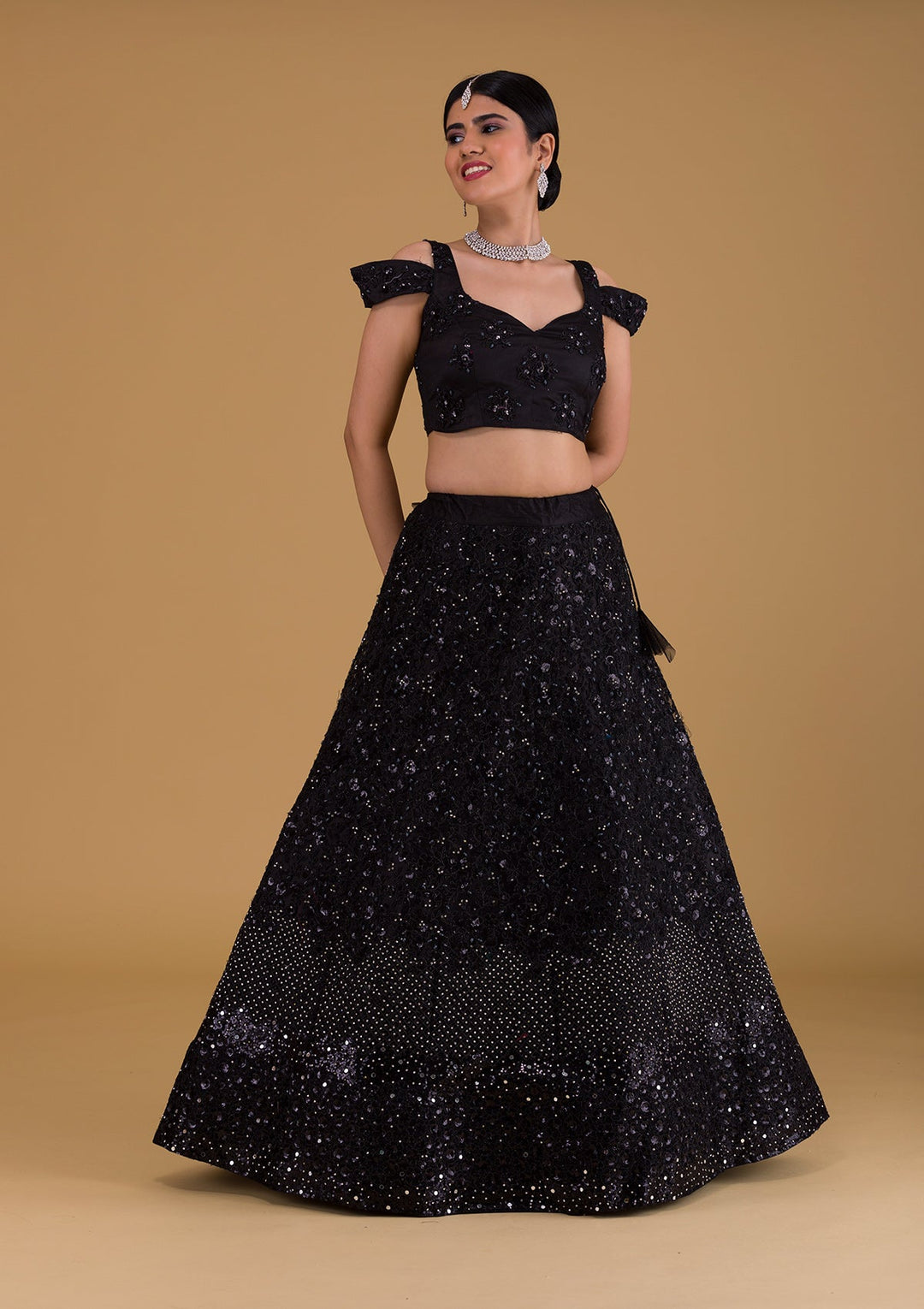 Black Silver Stonework Net Designer Lehenga-Koskii