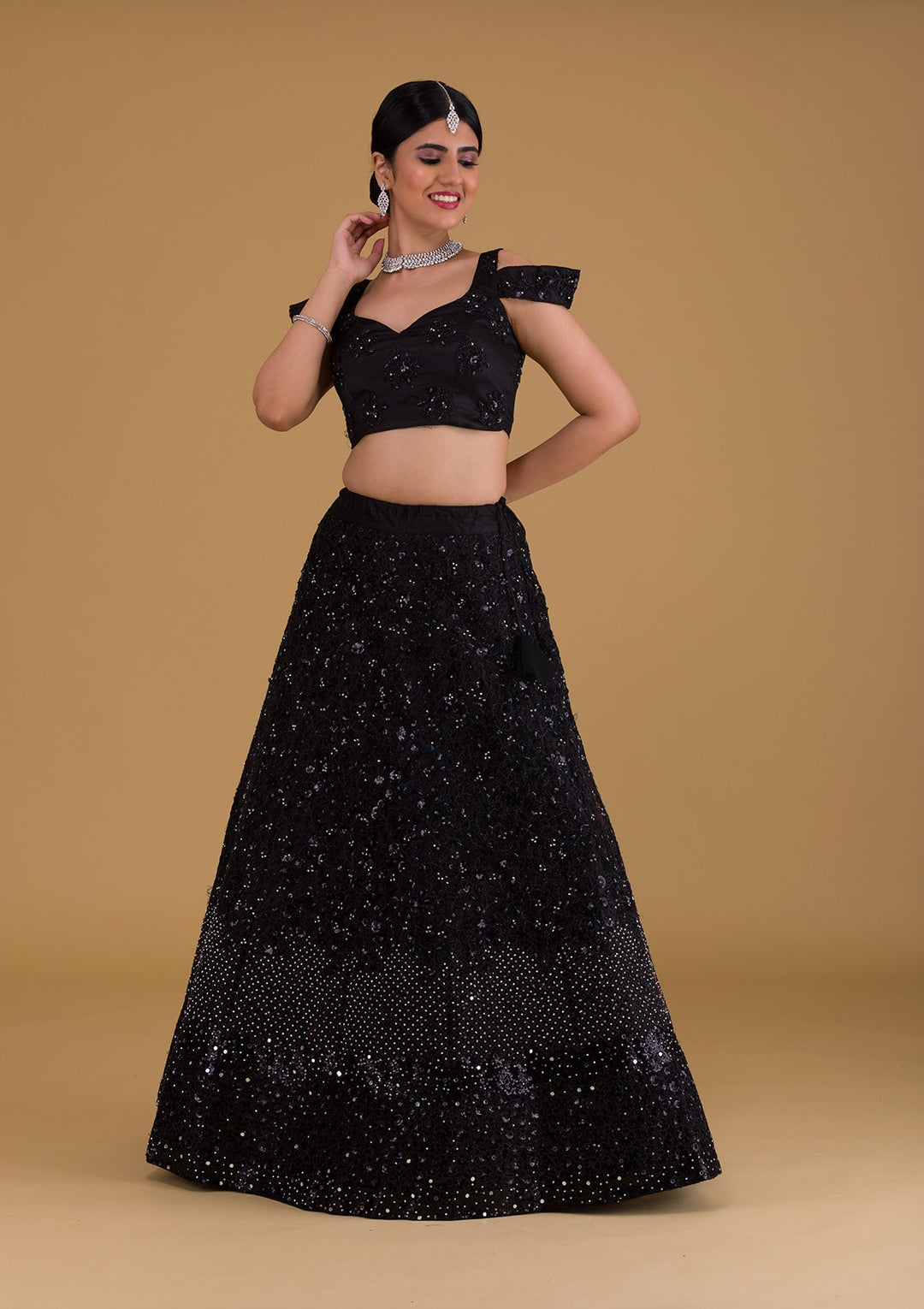 Black Silver Stonework Net Designer Lehenga-Koskii