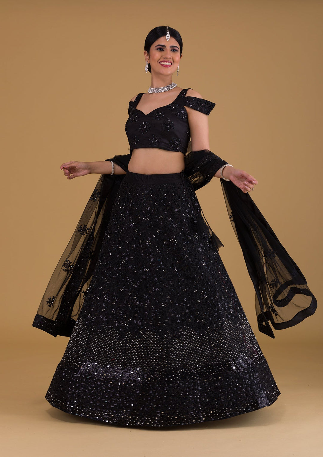 Black Silver Stonework Net Designer Lehenga-Koskii