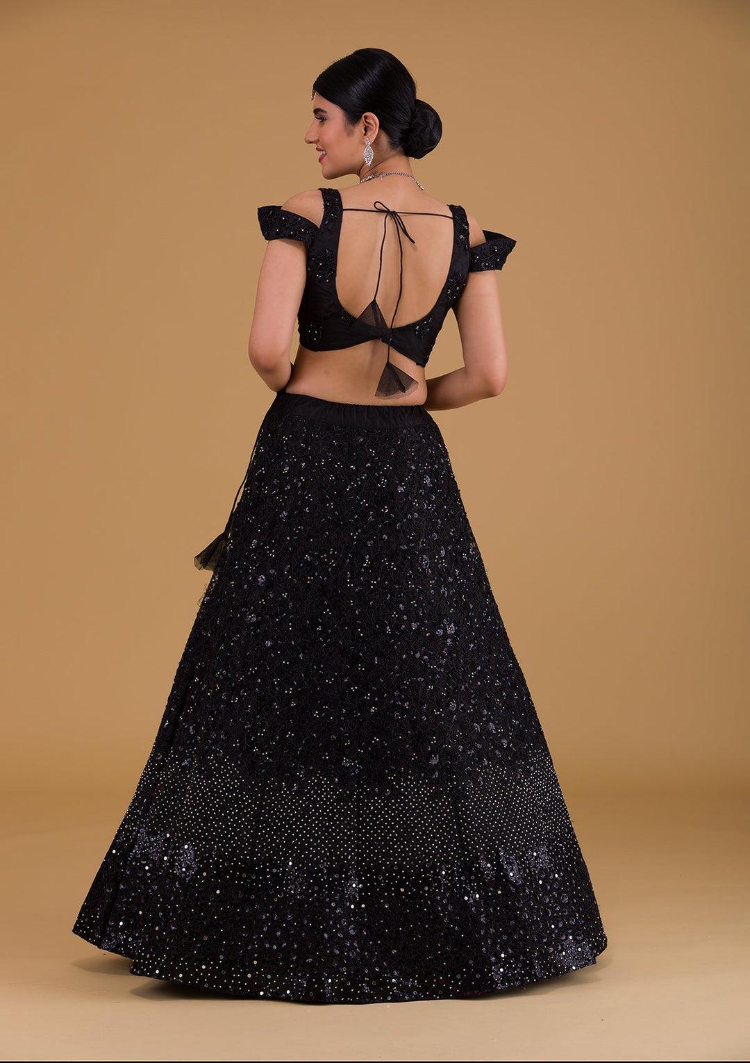 Black Silver Stonework Net Designer Lehenga-Koskii