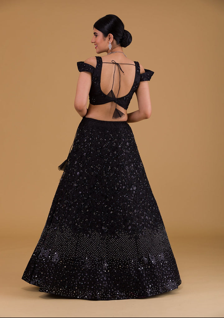 Black Silver Stonework Net Designer Lehenga-Koskii