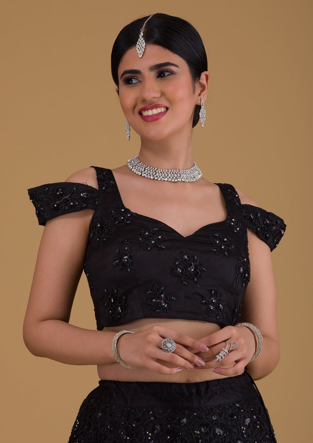 Black Silver Stonework Net Designer Lehenga-Koskii