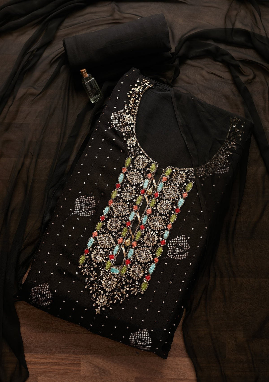 Black Stonework Georgette Designer Unstitched Salwar Suit - Koskii