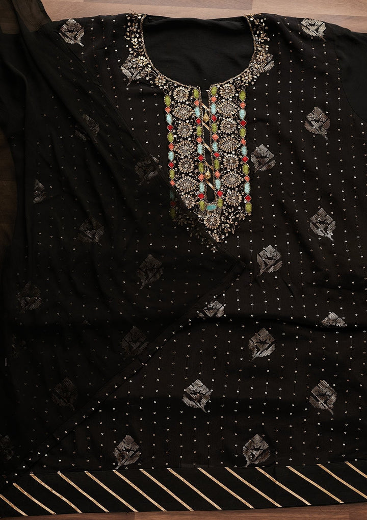 Black Stonework Georgette Designer Unstitched Salwar Suit - Koskii