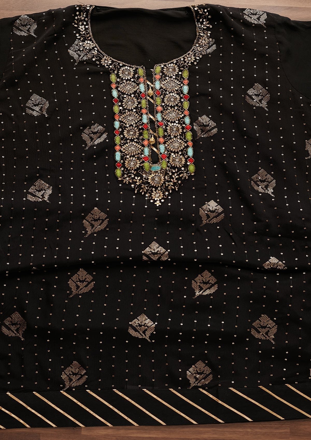 Black Stonework Georgette Designer Unstitched Salwar Suit - Koskii