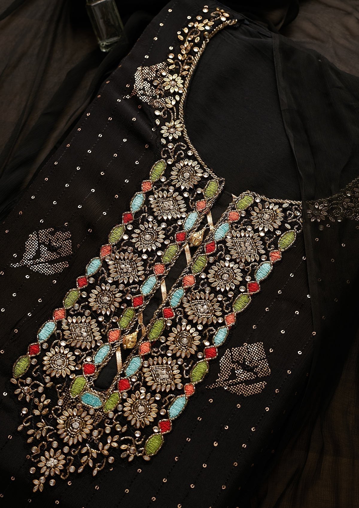 Black Stonework Georgette Designer Unstitched Salwar Suit - Koskii