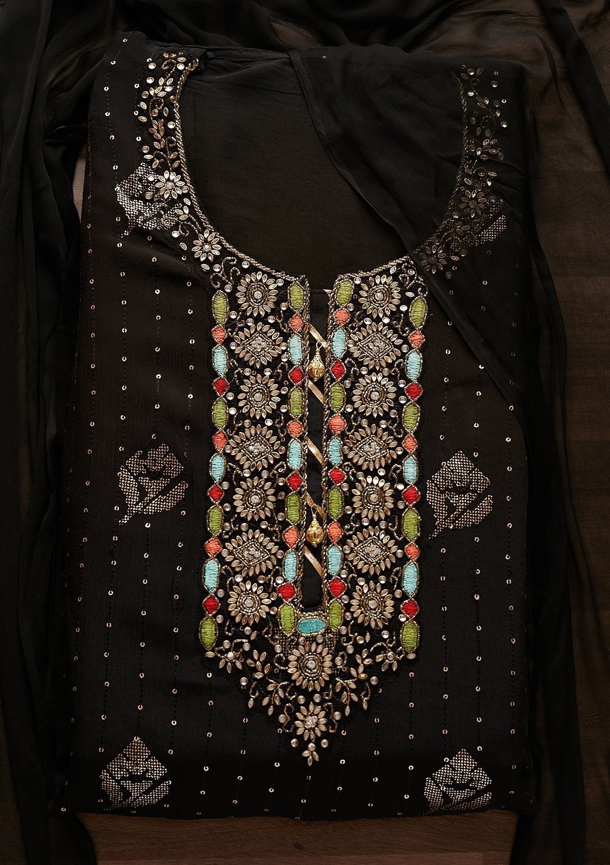 Black Stonework Georgette Designer Unstitched Salwar Suit - Koskii