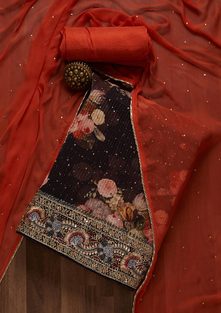 Black Stonework Georgette Unstitched Salwar Suit- Koskii