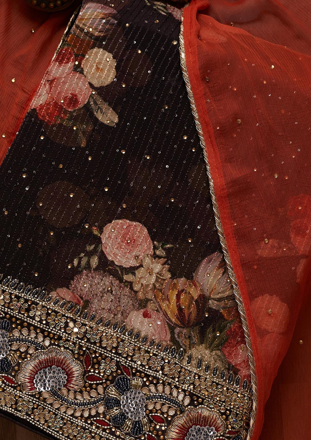 Black Stonework Georgette Unstitched Salwar Suit - Koskii