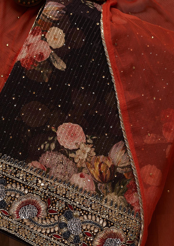 Black Stonework Georgette Unstitched Salwar Suit - Koskii