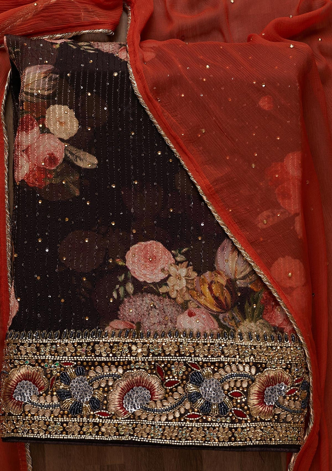 Black Stonework Georgette Unstitched Salwar Suit - Koskii
