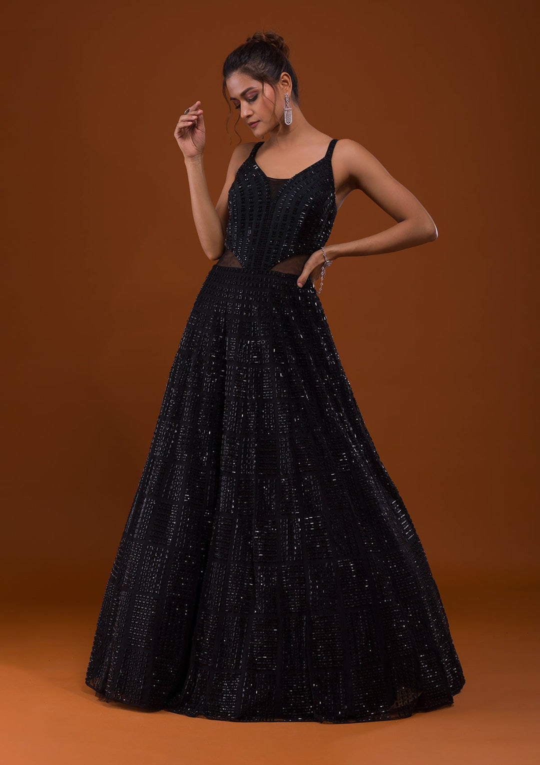 Black Stonework Net Designer Gown-Koskii