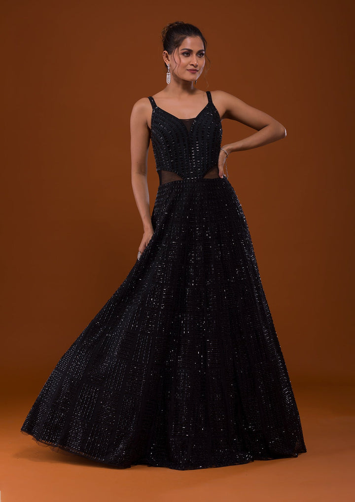 Black Stonework Net Designer Gown-Koskii