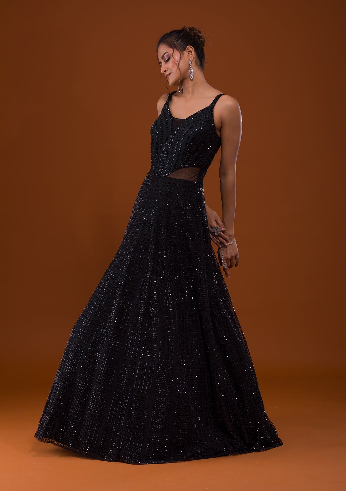 Black Stonework Net Designer Gown-Koskii
