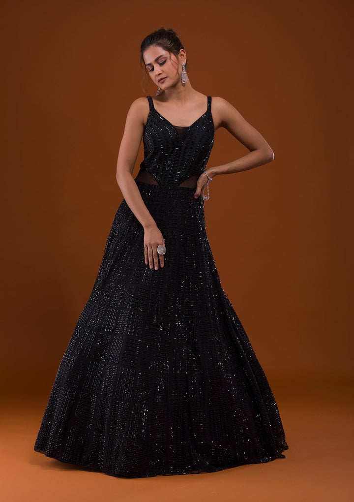 Black Stonework Net Designer Gown-Koskii