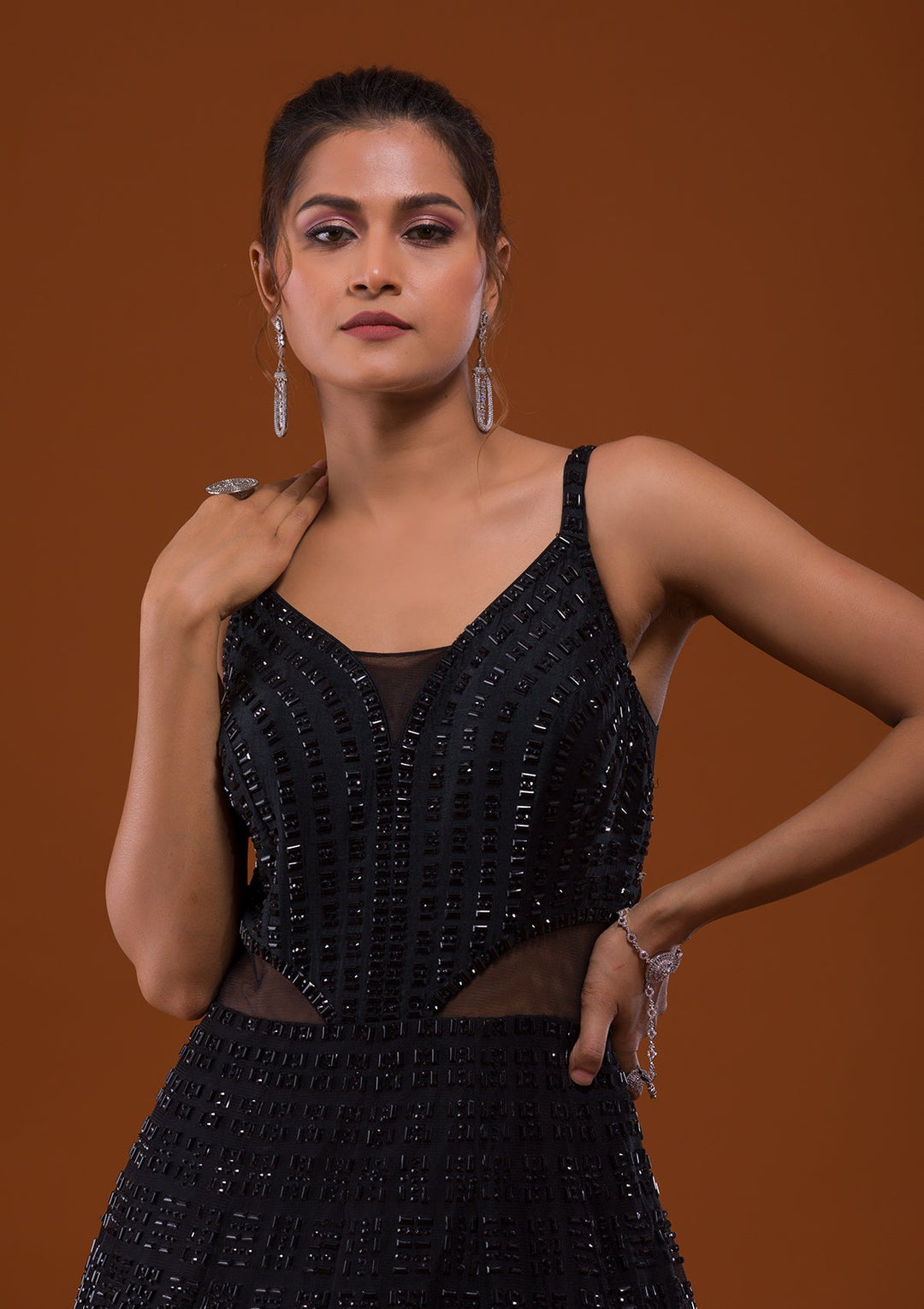 Black Stonework Net Designer Gown-Koskii