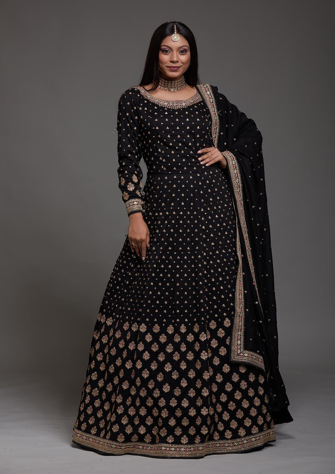 Black Stonework Raw Silk Designer Anarkali Suit-Koskii