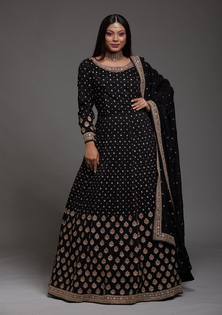 Black Stonework Raw Silk Designer Anarkali Suit-Koskii